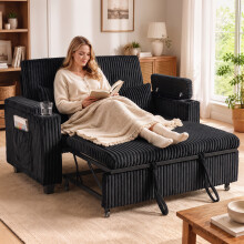 HOMCOM 2 Seater Sofa Bed, 3-in-1 Corduroy Pull Out Sleeper Sofa, Black
