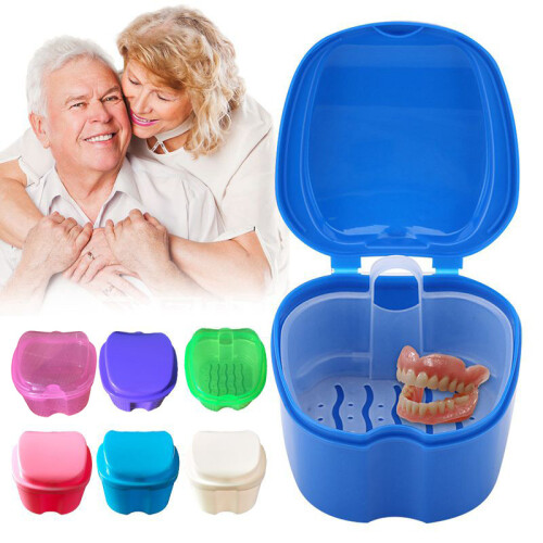 (Green)Denture Bath Box Cases Dental False Teeth Storage With Hanging Container Net 1