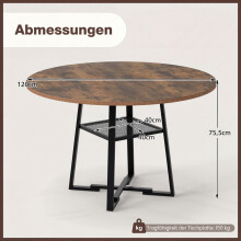 Table de salle à manger ronde avec étagère, 4 à 6 couverts, marron rustique