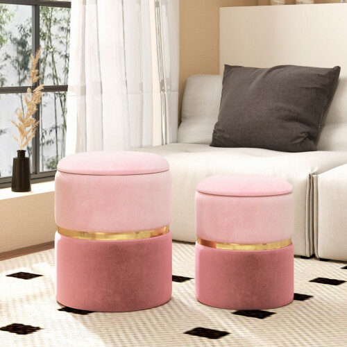 Velvet Storage Ottoman Set, Pink, 32L + 21L Capacity 1