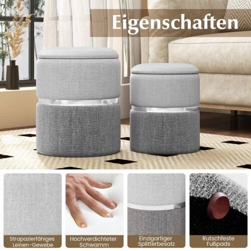 Ensemble ottoman 2 pièces en velours avec rangement, gris 2