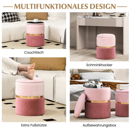 Velvet Storage Ottoman Set, Pink, 32L + 21L Capacity 2