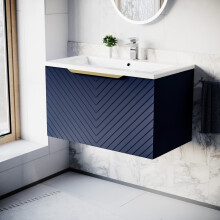Nes Home 800mm Wall Hung Blue Drawers Basin Vanity Brushed Brass Handle