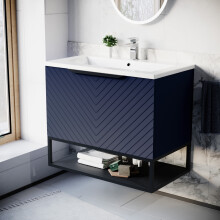 Nes Home 800mm Wall Hung Blue Drawers Basin Vanity Black Frame & Handle