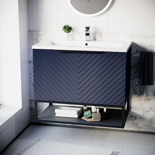 NES Home Nes Home 800mm Wall Hung Blue Drawers Basin Vanity Black Frame & Handle 1