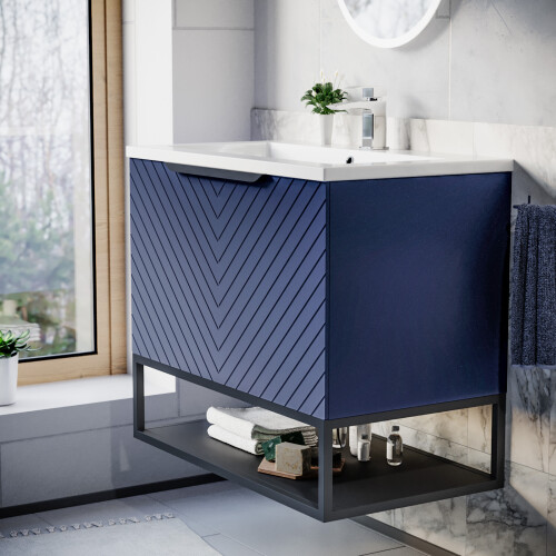 NES Home Nes Home 800mm Wall Hung Blue Drawers Basin Vanity Black Frame & Handle 2
