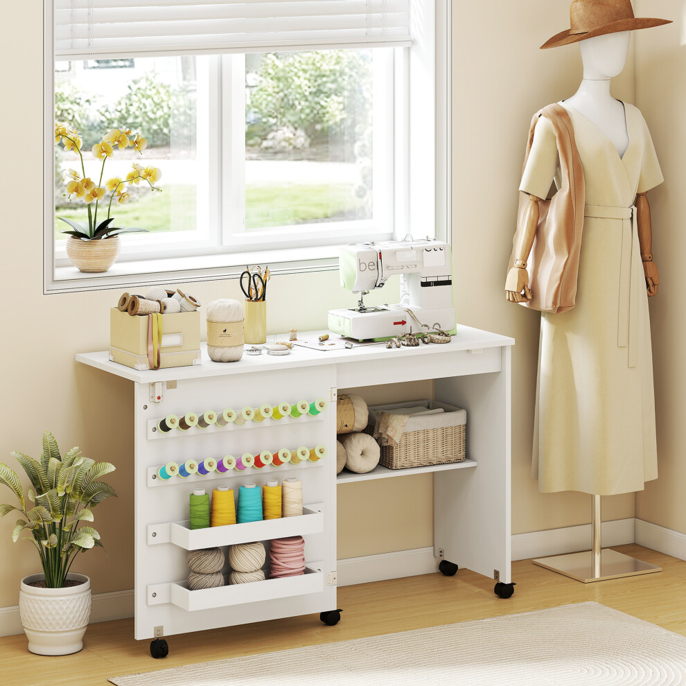 Homcom (White) Folding Sewing Table, Craft Table With Storage Compartments