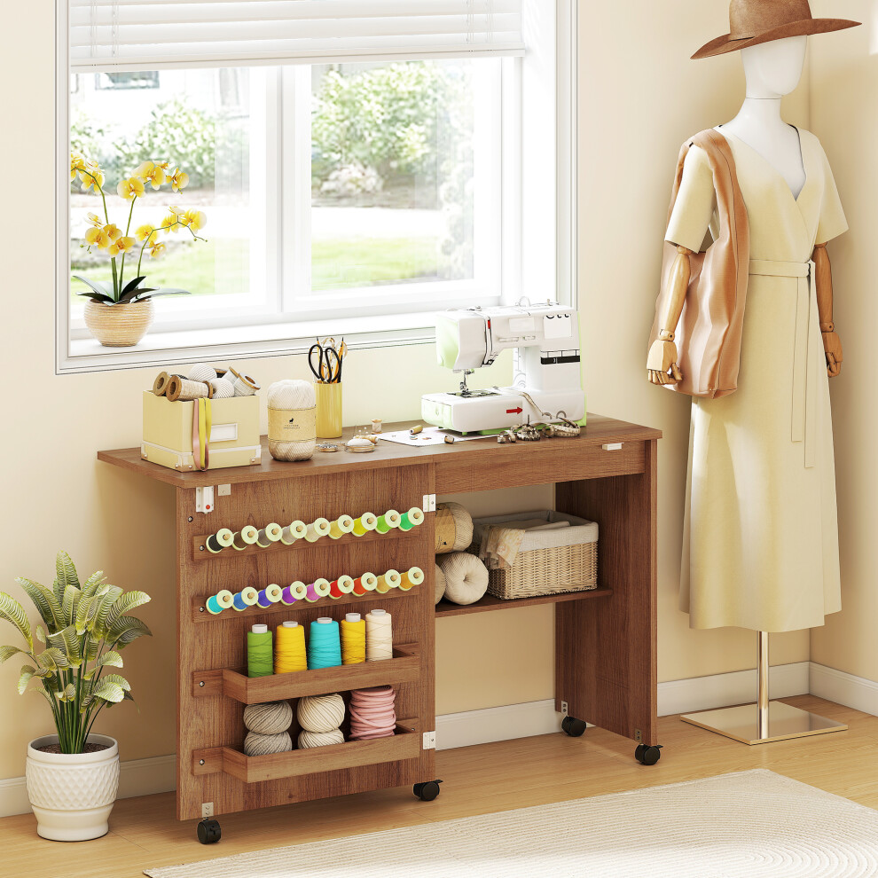 Folding Sewing Table Rolling Craft with Storage compartments Shelf Brown - Image 3