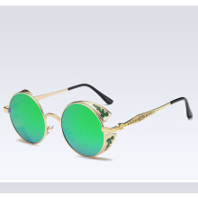 (GoldFrameGreenMirror)Polarized Retro Steampunk Round Sunglasses Mirror Glasses Male Female Glasses