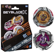 Beyblade X Dual Pack Spear Scorpio 0-70Z UX and Tail Viper 3-85LO BX, 2 right-spin battle tops by Takara Tomy, suitable for ages 8 and up.