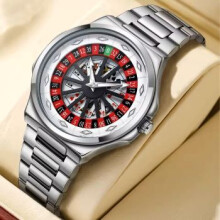 Mens 3ATM Quartz Skeleton Spinning-Dial Roulette Wheel Stainless Steel Watch
