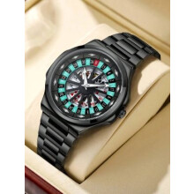 Mens 3 ATM Quartz Skeleton Spinning-Dial Roulette Wheel Stainless Steel Watch