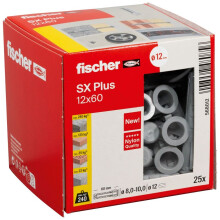 fischer SX Plus 12 x 60 Expansion Plugs Nylon Wall Fixings 25 Pack | 4-way expansion, high load capacity, secure fixing in concrete