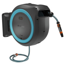 Gardena battery-powered wall-mounted hose box PowerRoll XL ready-to-use-set: Reel with 35m garden hose, automatic roll-up