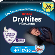 Huggies DryNites Pyjama Pants, Boys 4-7 Years (17-30KG), Up to 100% Leak Free Nights, Bedwetting Pants, 26 Count