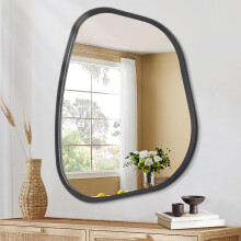 Black Asymmetrical Oval Wall Mirror - 50 x 40CM, Modern Wood Frame, Unique Shape, Wall Mounted, Decorative for Living Room, Bedroom, Bathroom