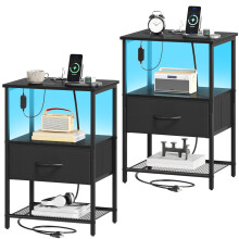 Somdot Bedside Table, Charging Station & LED, 1 Drawer, Black, Set of 2 | Bedside Cabinet with Fabric Drawers, Adjustable LED Lighting, 2 AC Outlets