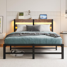 4ft6 Double Bed Frame with Charging Station and LED Lights, Heavy Duty Metal Platform Double 135x190 cm Bed Frame with Wood Storage Headboard