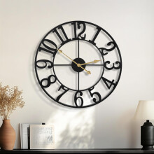 HAITANG Modern Large Wall Clocks for Living Room, 40cm / 16" Round Black Metal Silent Non Ticking Battery Operated Arabic Numerals Clock for