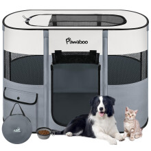 Pawaboo Portable Dog Playpen, 600D Oxford Pet Tent, Gray | Foldable Pet Playpen with Mesh Windows, Roll-Up Doors, Carry Case & Collapsible Bowl