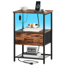 Somdot Bedside Table, Charging Station & LED, 1 Drawer, Brown | Bedside Cabinet with Fabric Drawers, Adjustable LED Lighting, 2 AC Outlets