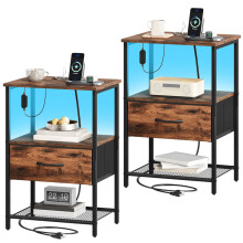 Somdot Bedside Table, Charging Station & LED, 1 Drawer, Brown, Set of 2 | Bedside Cabinet with Fabric Drawers, Adjustable LED Lighting, 2 AC Outlets