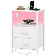 Somdot Bedside Table, Charging Station & LED, 2 Drawers, White | Bedside Cabinet with Fabric Drawers, Adjustable LED Lighting, 2 AC Outlets