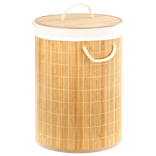 GEEZY GEEZY Bamboo Laundry Basket with Lid Collapsible Washing Laundry Hamper Bin Round 48L