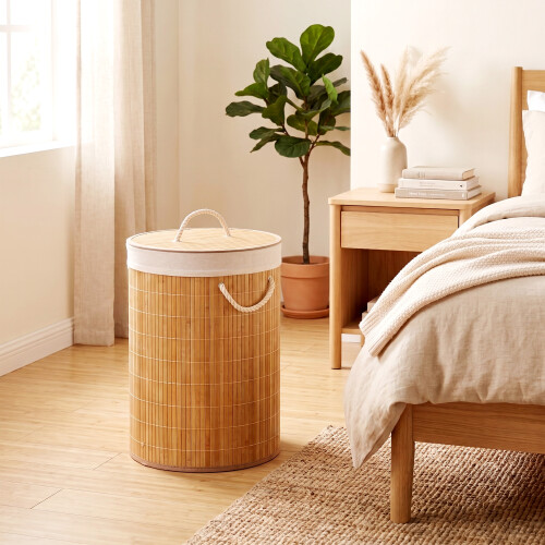 GEEZY GEEZY Bamboo Laundry Basket with Lid Collapsible Washing Laundry Hamper Bin Round 48L 1