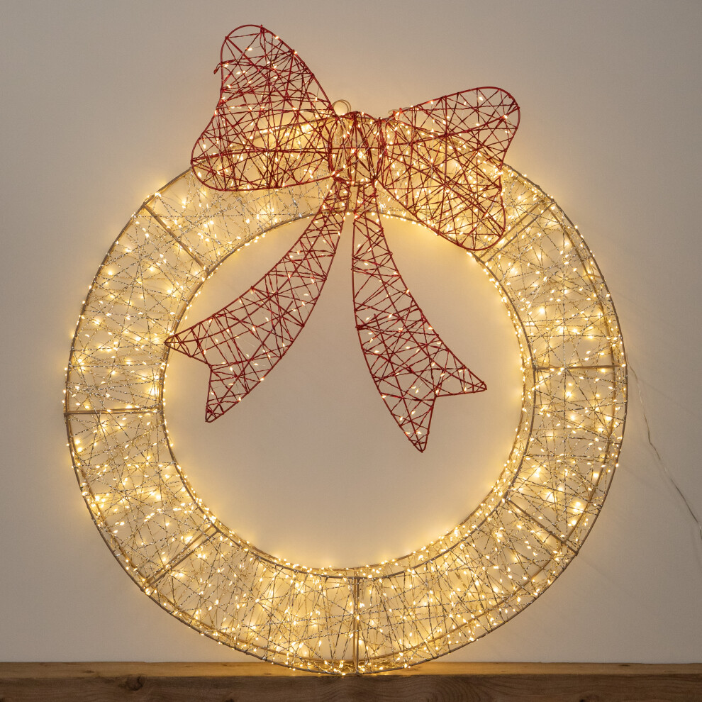 Samuel Alexander 90Cm Light Up Gold Twist Christmas Wreath With Red Bow And 1440 Warm White Leds, Gold - Image 2