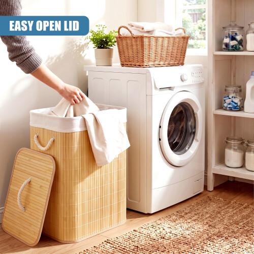 GEEZY GEEZY Bamboo Laundry Basket with Lid Collapsible Washing Laundry Hamper Bin Brown 48L 2