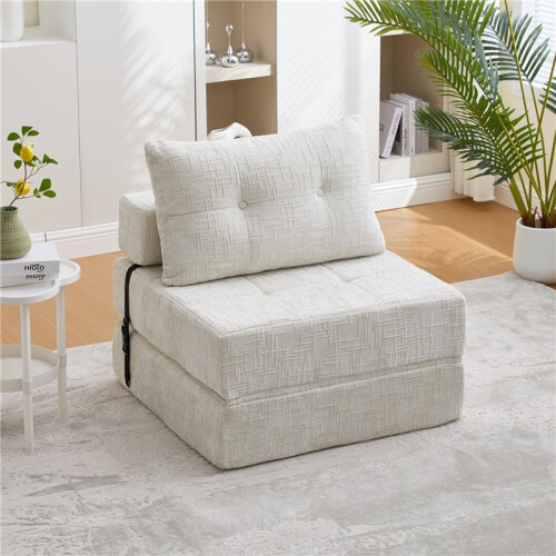 (Beige, Chenille) Fold-Out Sleeper Chair with Back Support