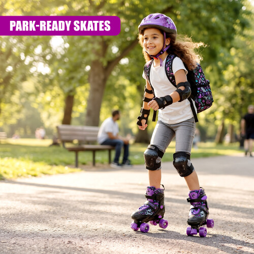 GEEZY (Purple Medium UK 2-4) The Magic Toy Shop Quad Skates Adjustable Purple & Black Roller Skates for Girls & Boys 2