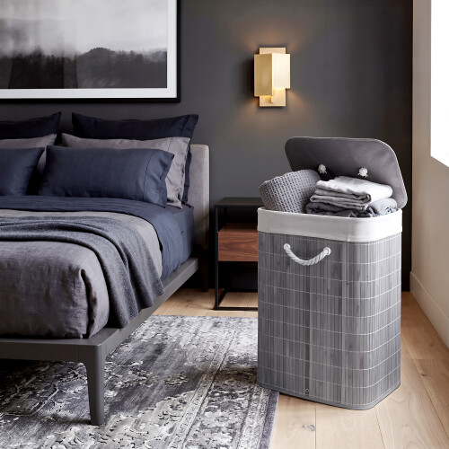 GEEZY GEEZY Bamboo Laundry Basket with Lid Collapsible Washing Laundry Hamper Bin Grey 48L 1