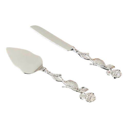 (silvery) Elegant Rose Handle Wedding Cake Cutting Knife and Server Set for Gifts