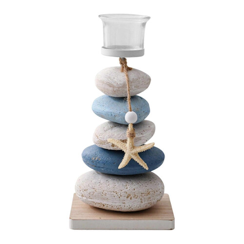 (Blue White) Mediterranean Nautical Stone Tealight Candle Holder for Home Decor