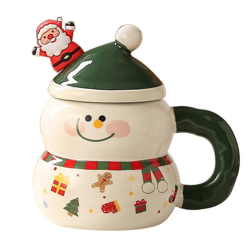 (Green Snowman) Christmas Ceramic Coffee Mug with Handle Reusable Water Cup Breakfast Unique 1