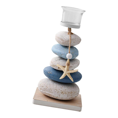 (Blue White) Mediterranean Nautical Stone Tealight Candle Holder for Home Decor 1