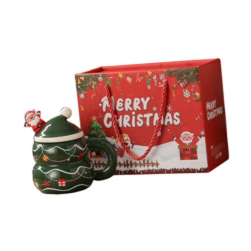 (Christmas tree) Christmas Ceramic Coffee Mug with Handle Reusable Water Cup Breakfast Unique 2