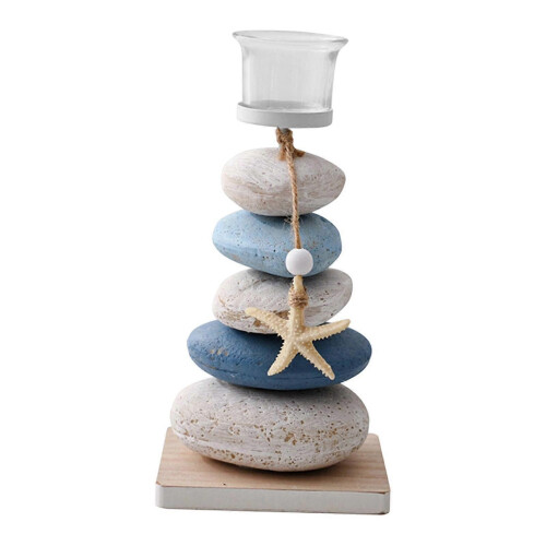 (Blue White) Mediterranean Nautical Stone Tealight Candle Holder for Home Decor 2
