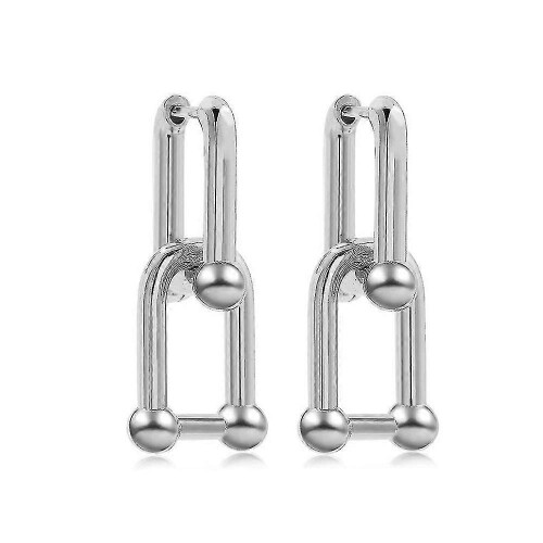 (Silver) U-Shape Pin Link Chain Earrings for Women Dangle Earring Gift