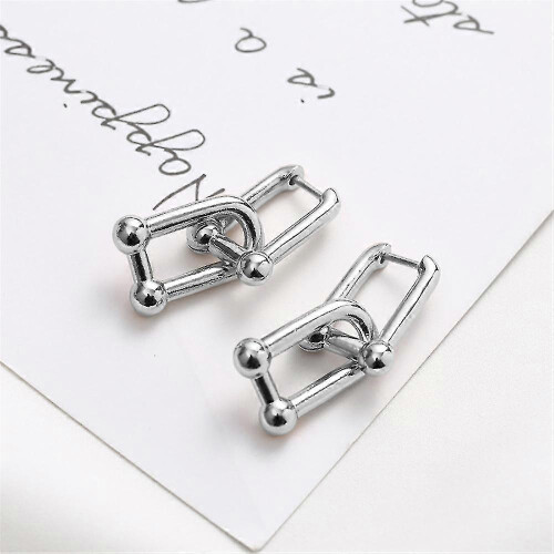 (Silver) U-Shape Pin Link Chain Earrings for Women Dangle Earring Gift 1