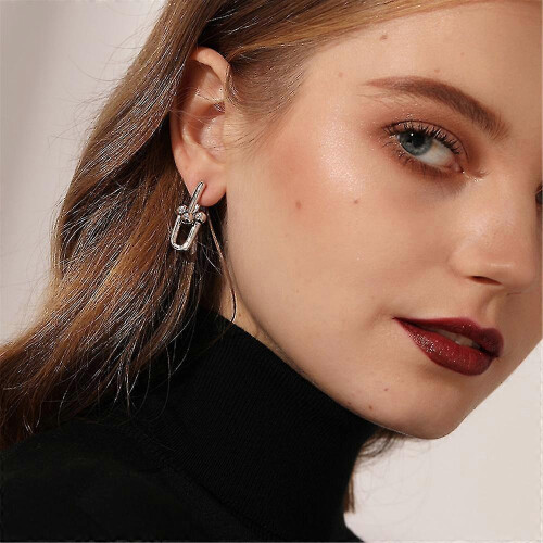(Silver) U-Shape Pin Link Chain Earrings for Women Dangle Earring Gift 2