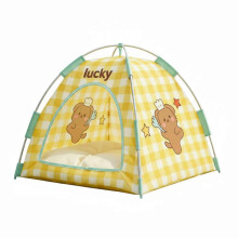 (L Yellow Plaid Cat) Atmungsaktives Katzenbettzelt für vier Jahreszeiten, Katzenhauszelt für kleine Hunde und Katzen