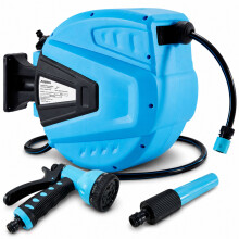 AREBOS 30 m Swivel Wall Hose Reel with Locking Stop - Automatic Rewind, Includes Wall Bracket, Blue