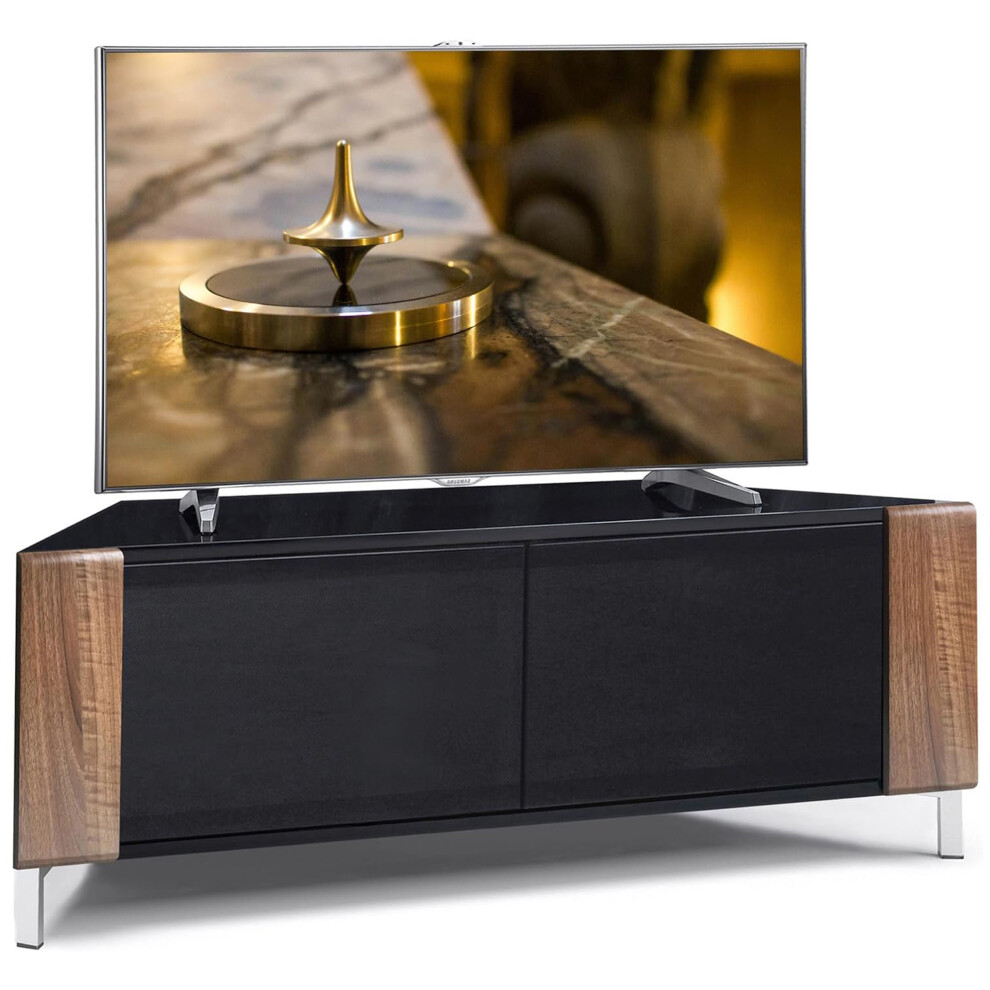Mda Designs Black Corvus Corner-Friendly Gloss Contemporary Cabinet With Walnut Profiles Beamthru Glass Doors For Flat Screen Tvs Up To 50" - Image 4