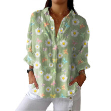 (2XL B) Chic Women's Floral Lapel Long Sleeve Blouse Loose Fit Button Down Shirt