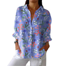 (L A) Elegante camicetta da donna a maniche lunghe con colletto floreale, vestibilità ampia e chiusura con bottoni.
