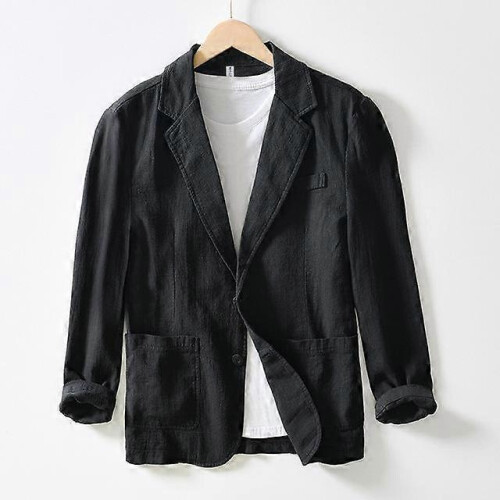 (black, M) Men's Oversized Solid Linen Cotton Safari Jacket Spring Casual Long Sleeve