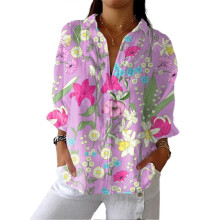 (M F) Chic Women's Floral Lapel Long Sleeve Blouse Loose Fit Button Down Shirt